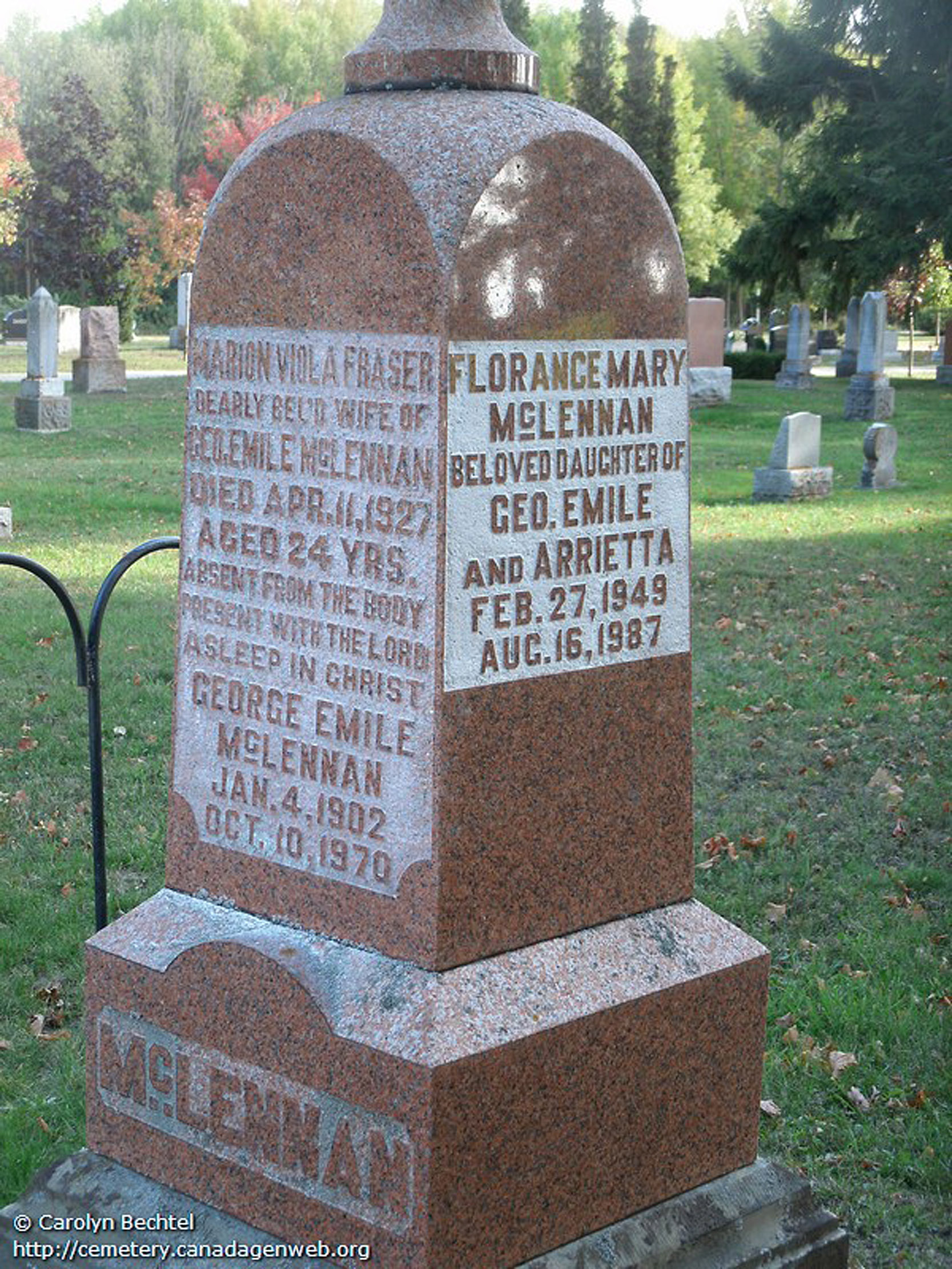 Photo of headstones/George Emile McLennan died 1970 MI Kincardine Cemetery Bruce Ontario